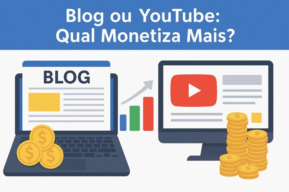 Blog ou YouTube: comparação visual de qual plataforma monetiza mais, representando ganhos online em 2025.