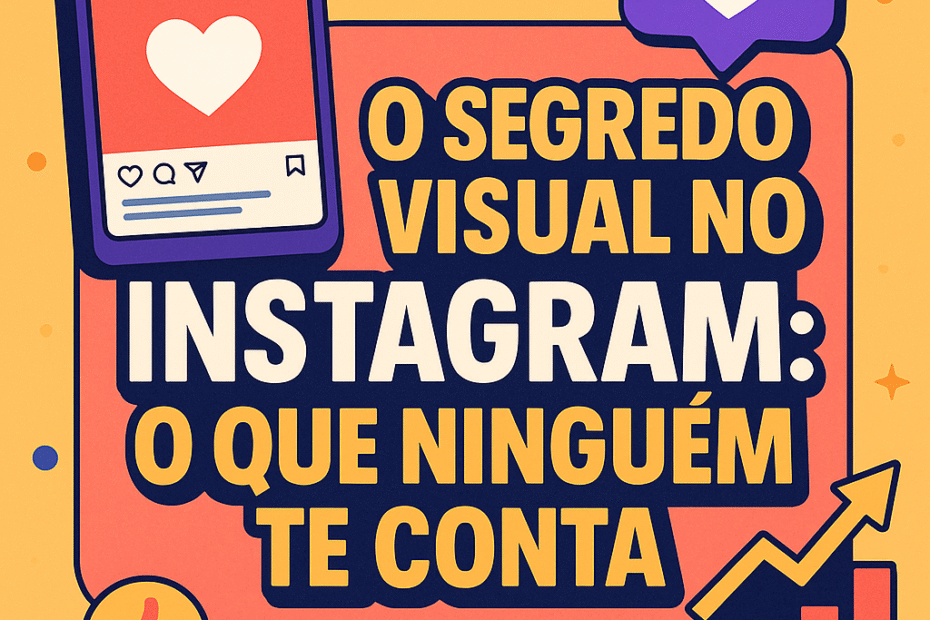Imagem ilustrativa com a frase "O segredo visual no Instagram: o que ninguém te conta", destacando ícones de curtidas, engajamento e crescimento para representar estratégias visuais que geram vendas na rede social.