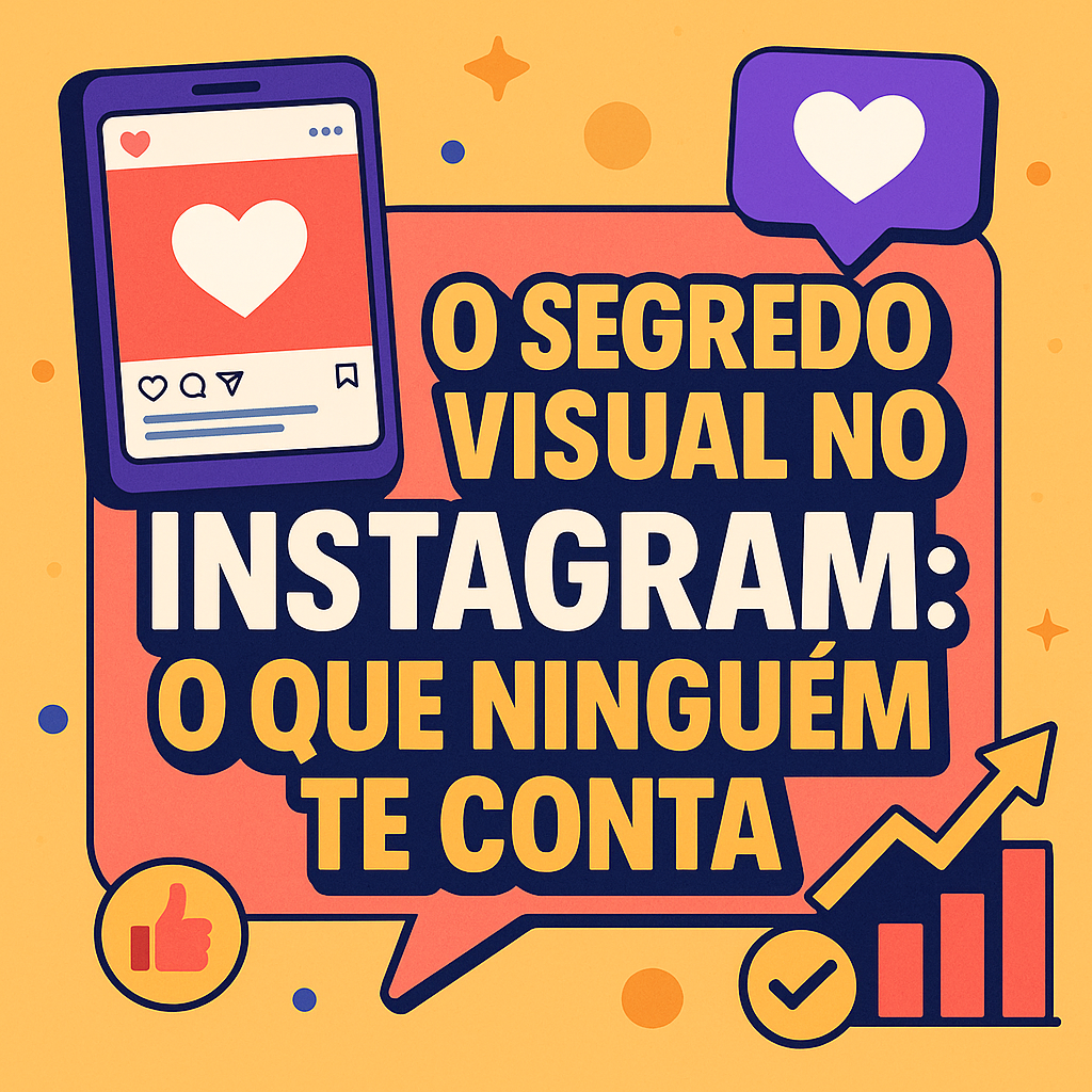 Imagem ilustrativa com a frase "O segredo visual no Instagram: o que ninguém te conta", destacando ícones de curtidas, engajamento e crescimento para representar estratégias visuais que geram vendas na rede social.