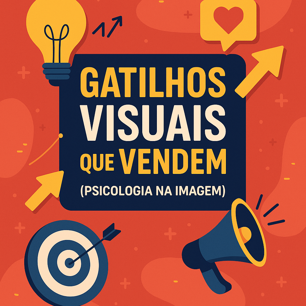 Imagem ilustrativa com ícones de seta, coração, alvo e megafone, representando gatilhos mentais na imagem como parte do segredo visual no Instagram para aumentar vendas e engajamento.