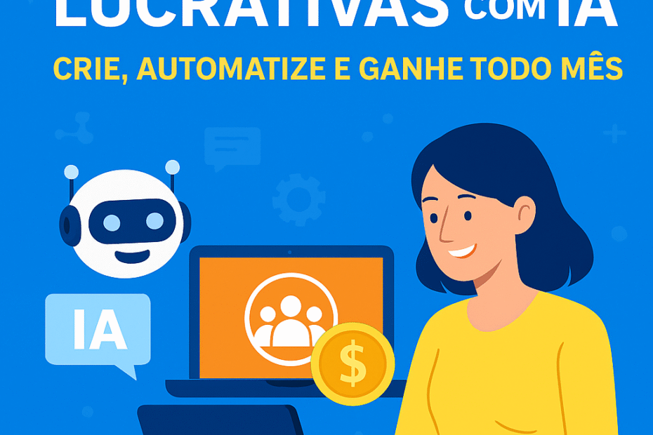 Imagem ilustrativa de uma mulher sorrindo ao criar comunidades lucrativas com IA no notebook, com ícones de robô, grupo e moeda representando automação, engajamento e lucro mensal.