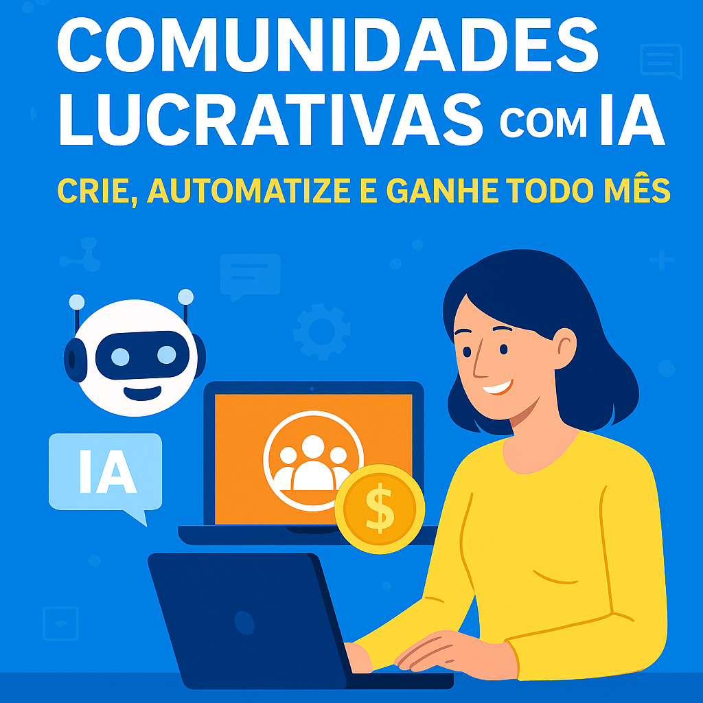 Imagem ilustrativa de uma mulher sorrindo ao criar comunidades lucrativas com IA no notebook, com ícones de robô, grupo e moeda representando automação, engajamento e lucro mensal.
