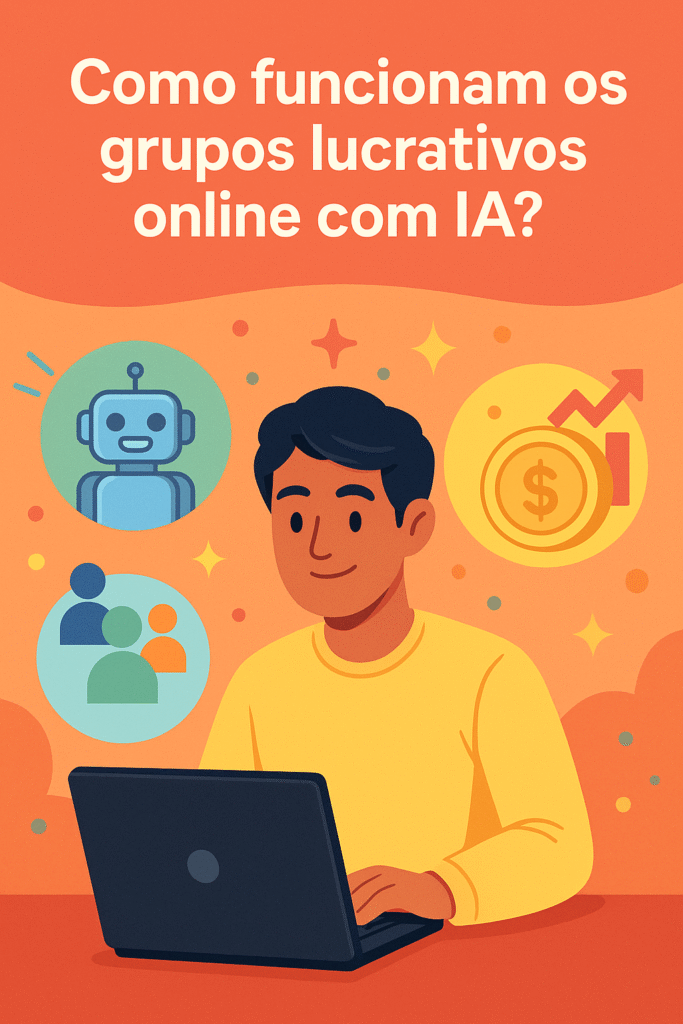 Ilustração de um jovem em um notebook rodeado por ícones de robô, grupo e dinheiro, representando como funcionam os grupos lucrativos online com IA.
