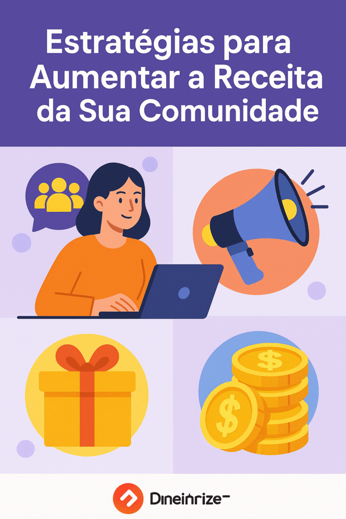 Imagem ilustrativa com ícones de comunidade, megafone, presentes e moedas, representando estratégias para aumentar a receita da sua comunidade de forma inteligente e lucrativa.