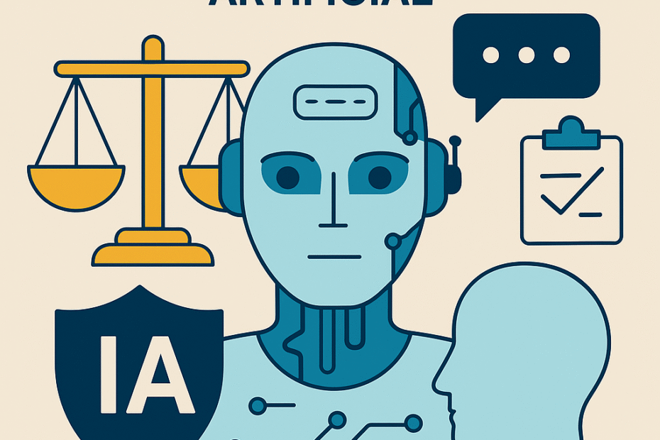 Ilustração conceitual sobre Ética na Inteligência Artificial, mostrando um robô cercado por símbolos como balança da justiça, escudo de proteção e ícones de comunicação, representando responsabilidade, transparência e direitos humanos no uso da IA.