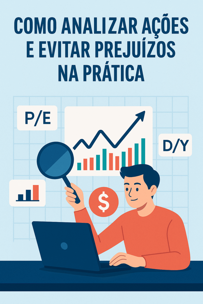 Ilustração sobre como analisar ações com gráficos, indicadores financeiros como P/L e D/Y, e um investidor avaliando dados para evitar prejuízos.