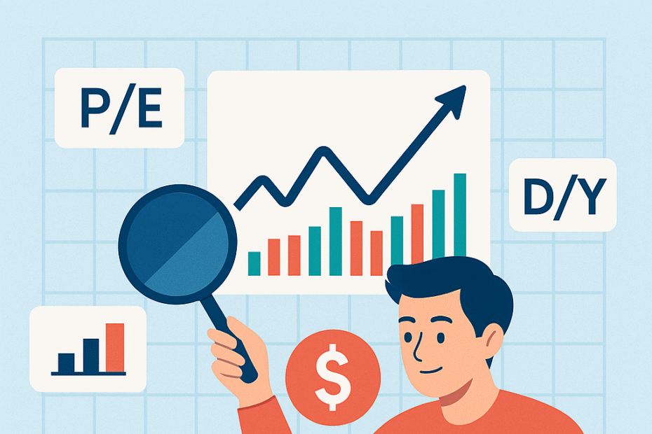 Ilustração sobre como analisar ações com gráficos, indicadores financeiros como P/L e D/Y, e um investidor avaliando dados para evitar prejuízos.