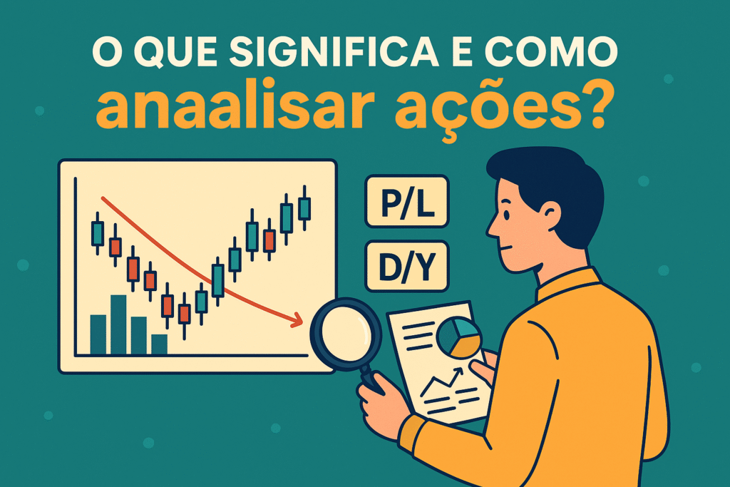 Ilustração representando como analisar ações, com gráficos de velas, indicadores como P/L e D/Y, e investidor examinando dados financeiros.