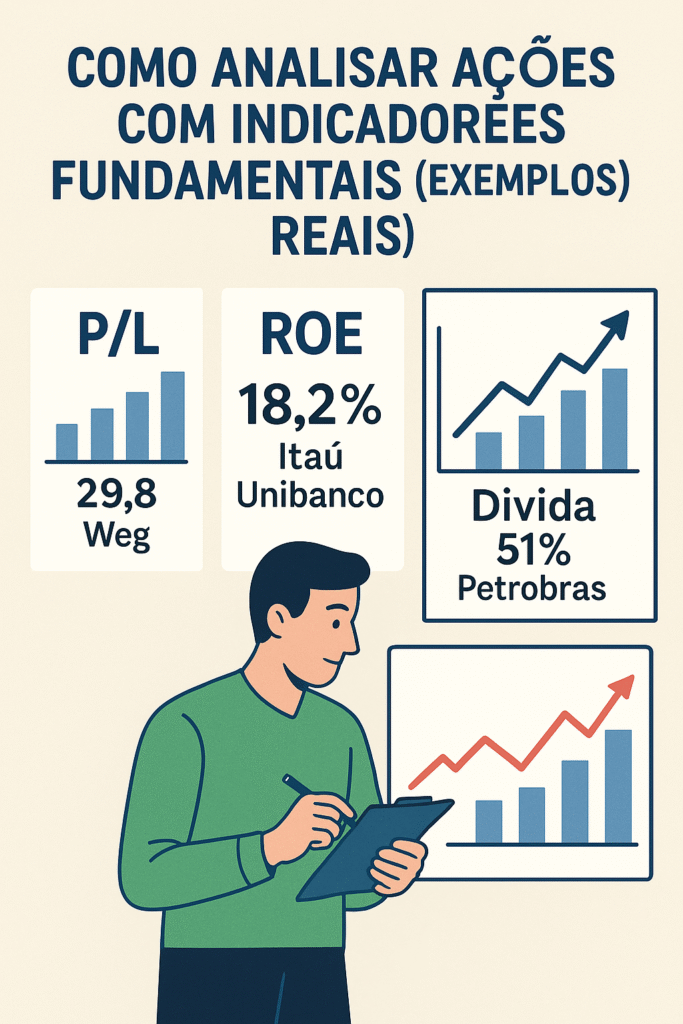 Imagem ilustrativa mostrando como analisar ações com indicadores fundamentais como P/L, ROE e dívida, usando exemplos reais de empresas brasileiras.