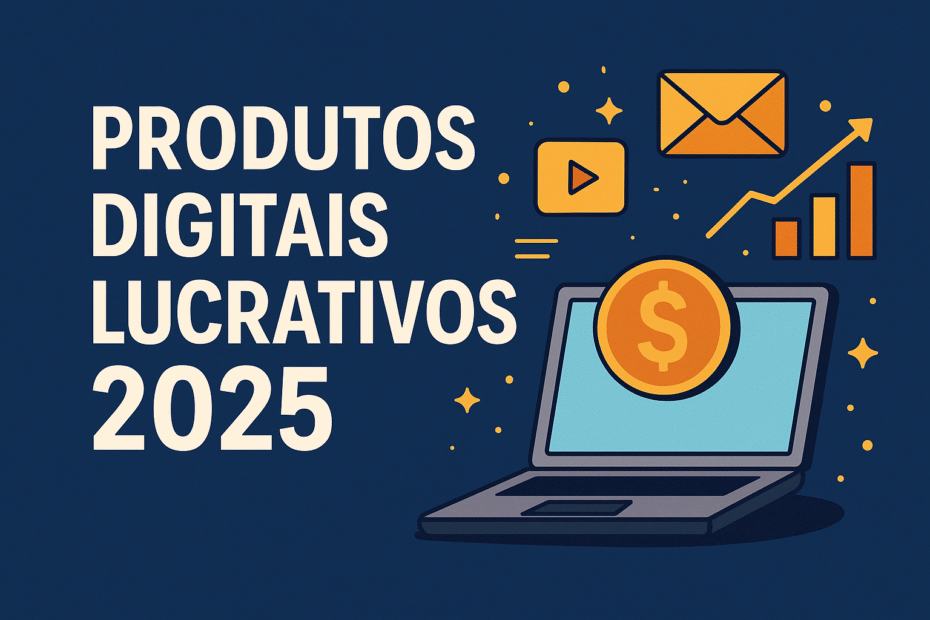 Ilustração representando ideias de produtos digitais lucrativos 2025, incluindo e-books, cursos online, inteligência artificial e marketing digital, com elementos visuais modernos e tecnológicos.