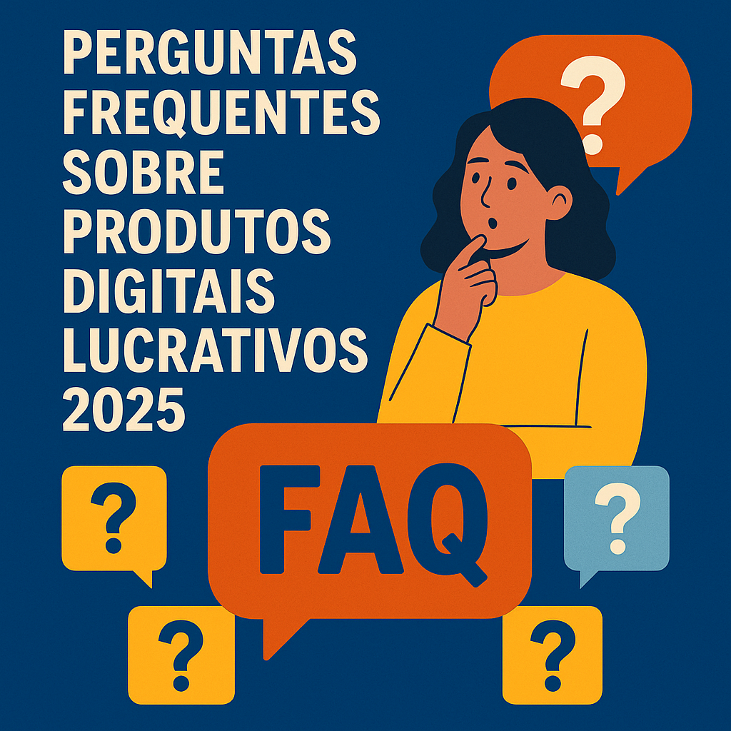 Imagem FAQ com destaque para perguntas frequentes sobre produtos digitais lucrativos 2025, com elementos visuais chamativos que facilitam a compreensão do tema.