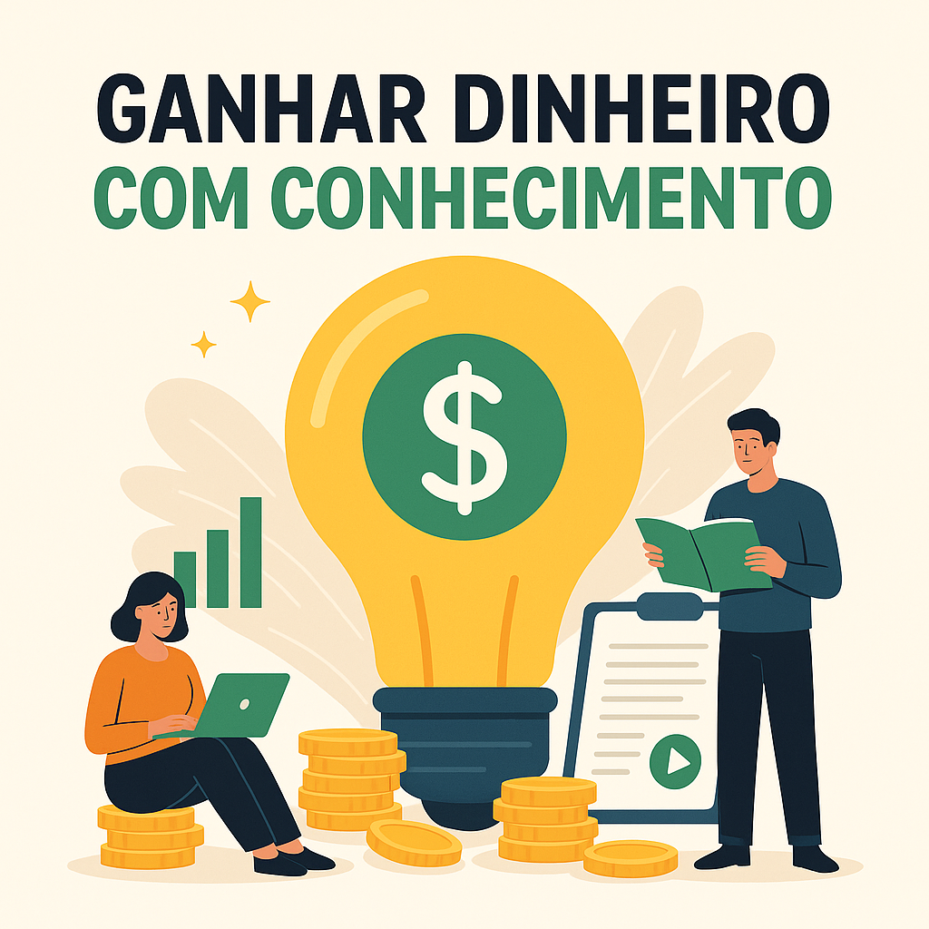 Ilustração sobre como ganhar dinheiro com conhecimento, mostrando pessoas usando livros, laptop e ideias para gerar renda com o que sabem.