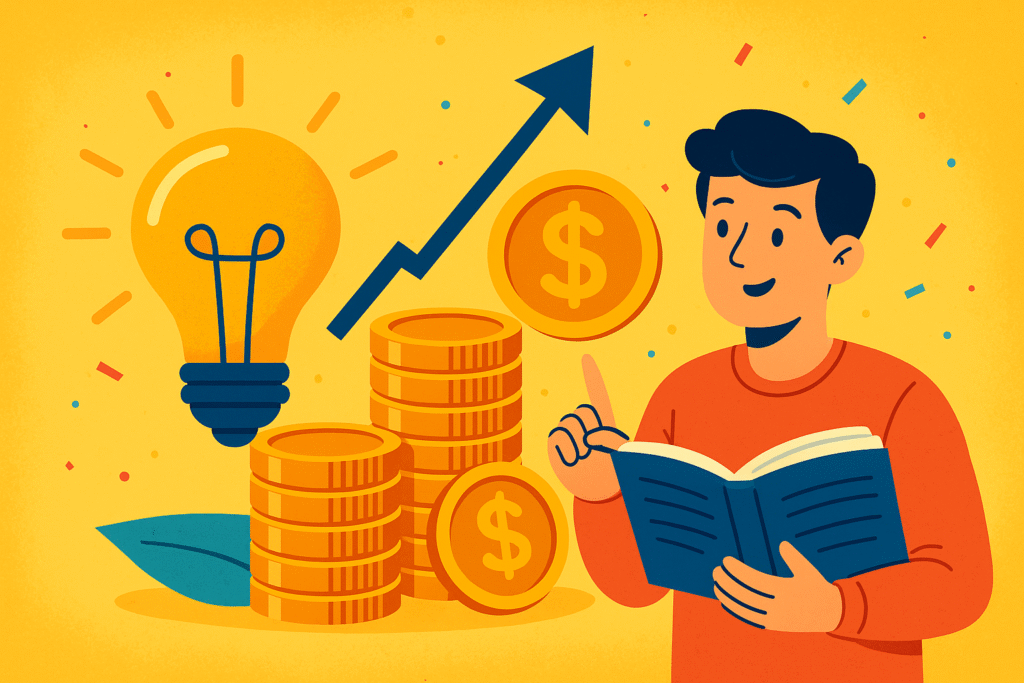 Ilustração mostrando por que seu conhecimento vale dinheiro, com elementos como lâmpada de ideia, livro aberto, moedas e símbolo de crescimento financeiro.