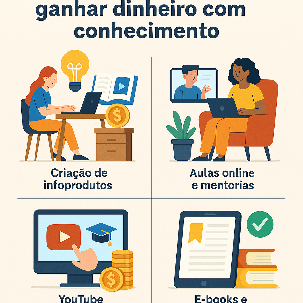 Infográfico ilustrando maneiras práticas de ganhar dinheiro com conhecimento, como criação de infoprodutos, aulas online, YouTube e e-books.