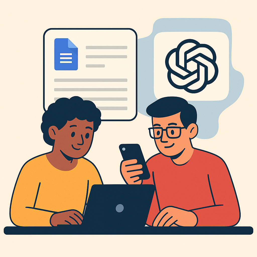 Ilustração de duas pessoas usando ferramentas digitais como Google Docs e ChatGPT para monetizar conhecimento com celular e notebook.