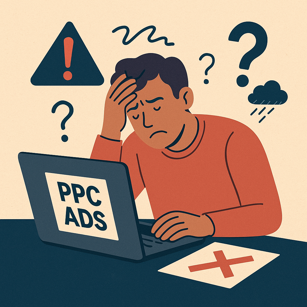 Pessoa frustrada tentando configurar anúncios online, representando os erros mais comuns ao fazer tráfego pago.