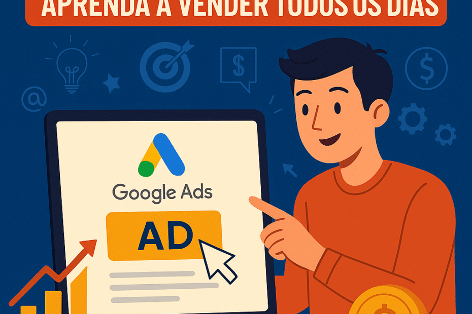 "Ilustração sobre tráfego pago Google Ads mostrando empreendedor vendendo todos os dias com anúncios online