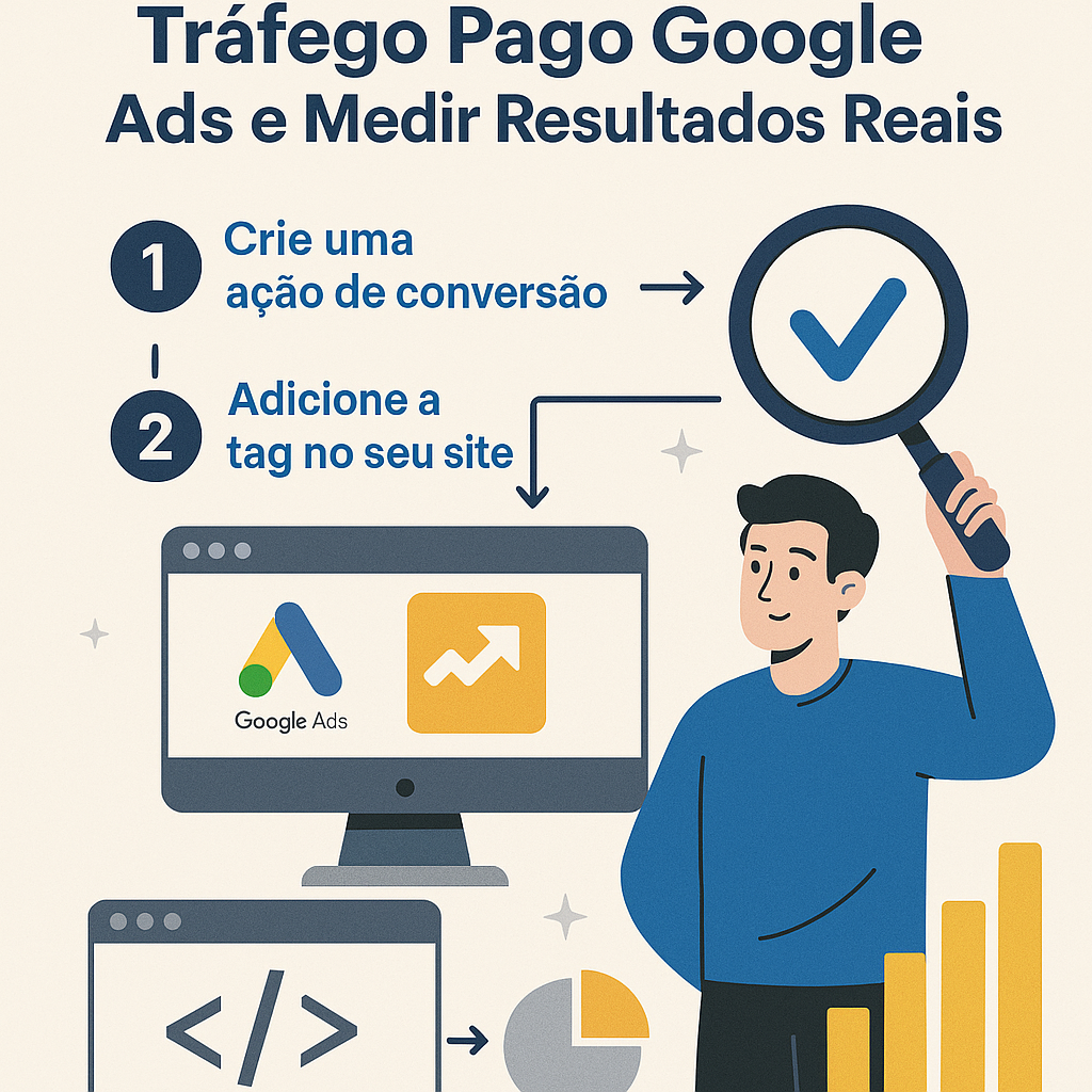 Infográfico ilustrando como configurar conversões no tráfego pago Google Ads e medir resultados reais com estratégias de análise de dados