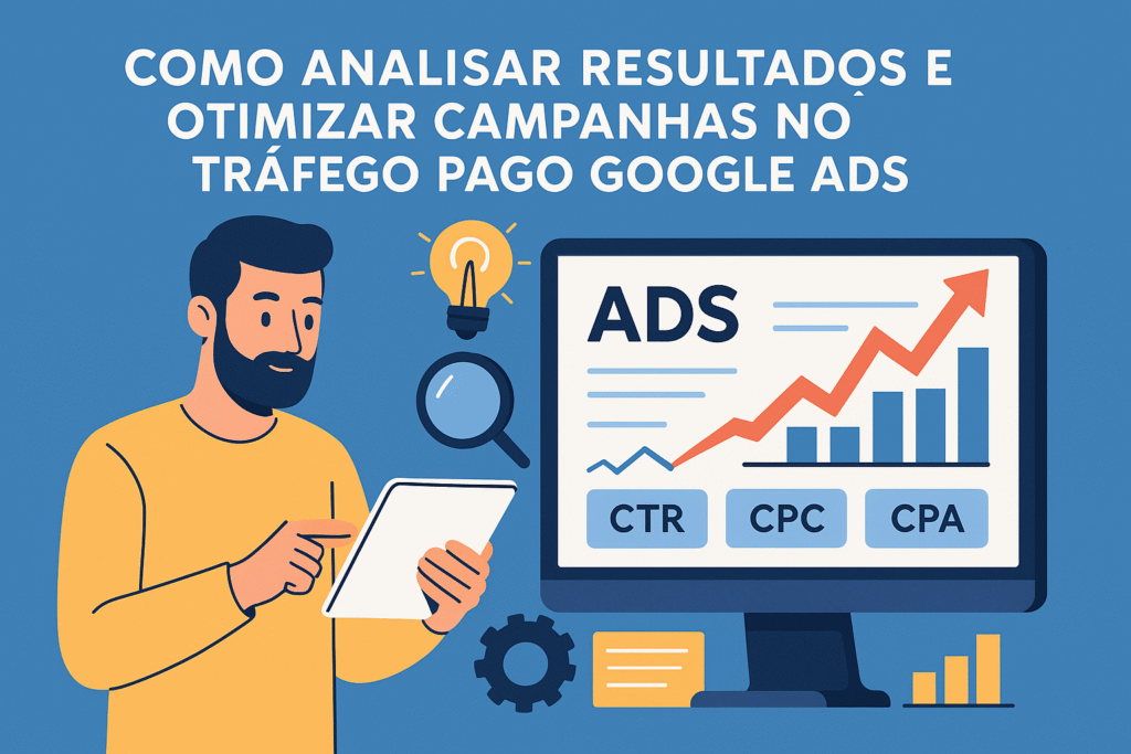 Infográfico ilustrando como analisar resultados e otimizar campanhas no tráfego pago Google Ads com foco em métricas e performance