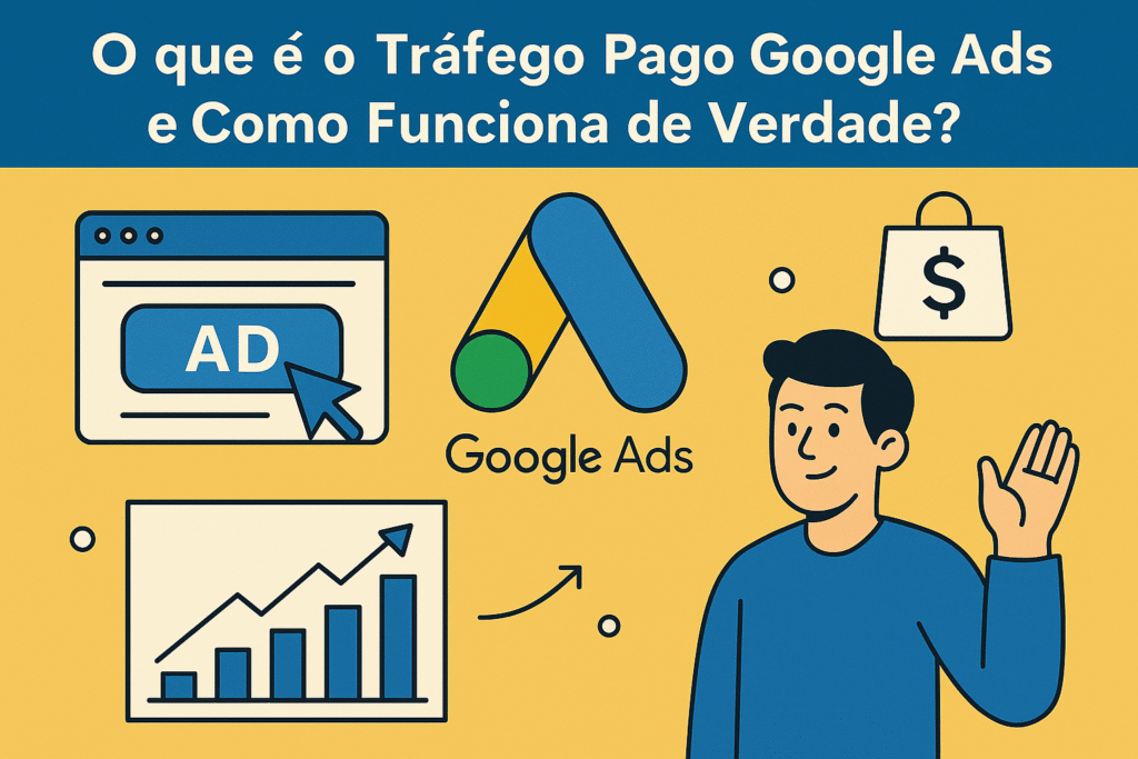 Ilustração educativa mostrando o funcionamento de anúncios pagos na internet com destaque para leilões, cliques e resultados