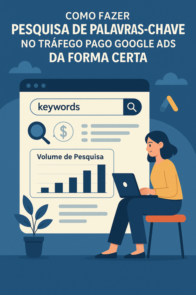 Infográfico ilustrativo mostrando o processo de pesquisa de palavras-chave com gráficos, ideias e ferramentas de análise digital