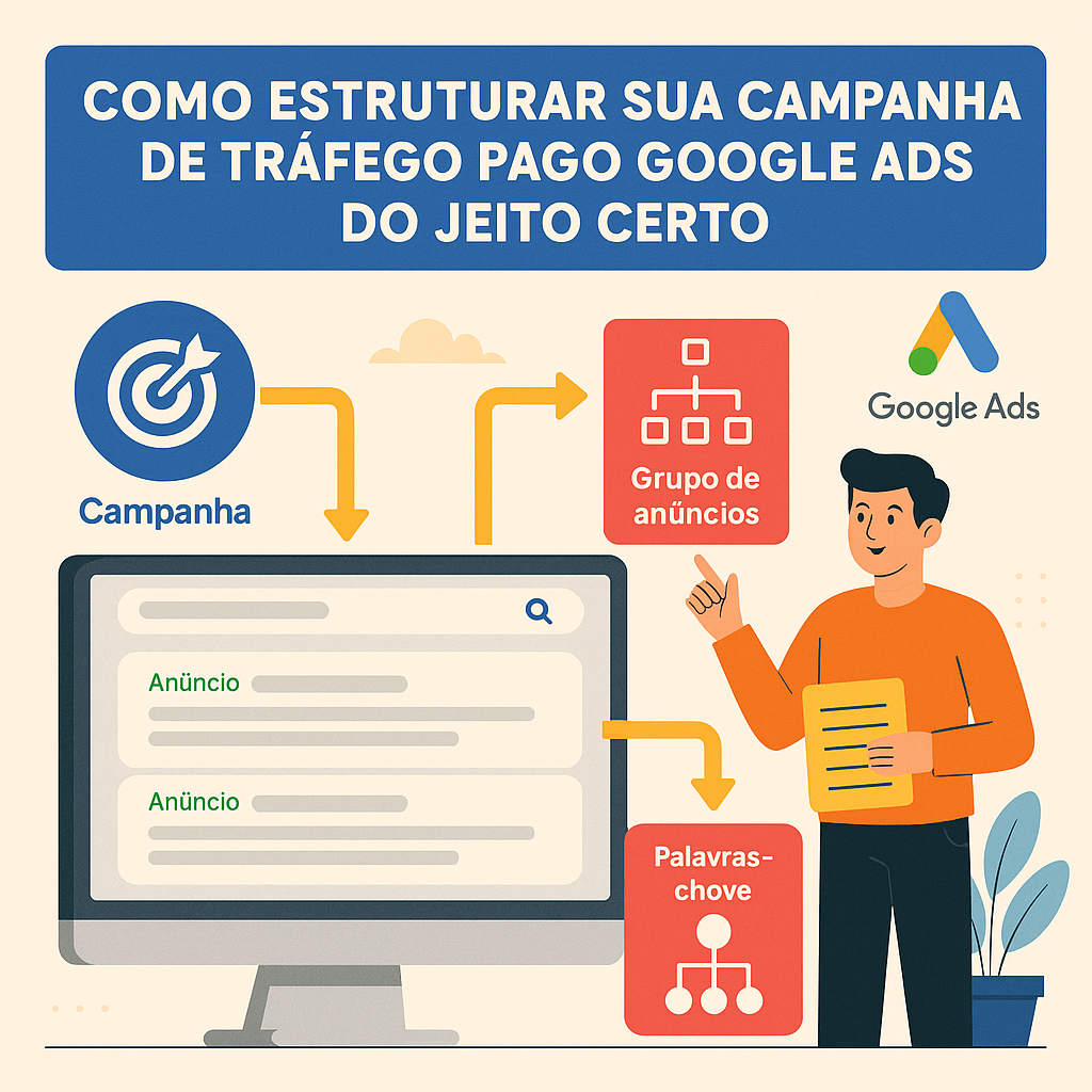 Infográfico educativo mostrando a estrutura ideal de uma campanha de anúncios online com organização de grupos e objetivos claros