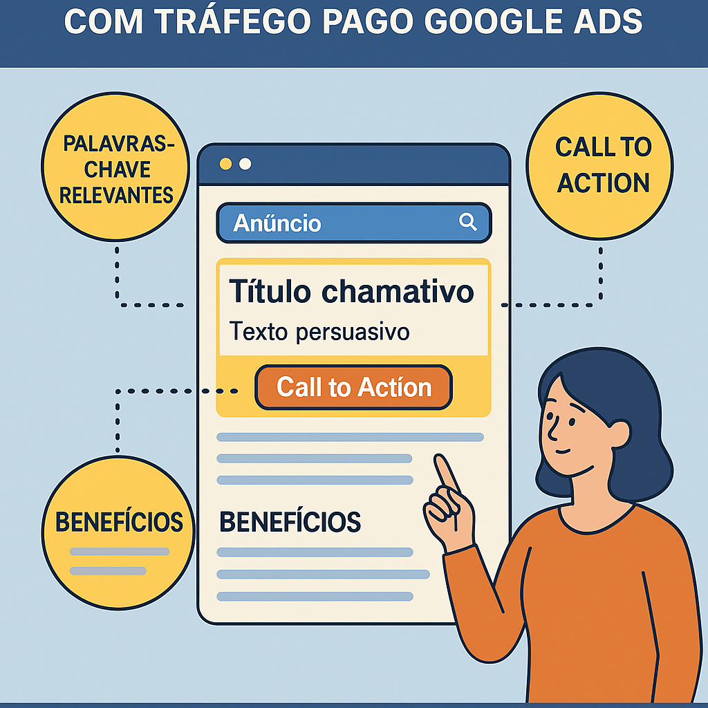 Ilustração vetorial mostrando a criação de anúncios online com elementos como títulos chamativos, descrições persuasivas e chamadas para ação