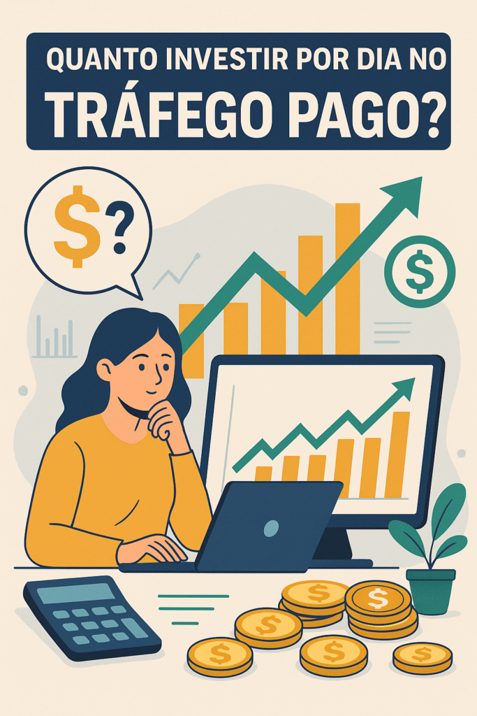 Ilustração sobre quanto investir por dia no tráfego pago, com uma mulher analisando gráficos de crescimento financeiro, moedas e computador com dados de anúncios.