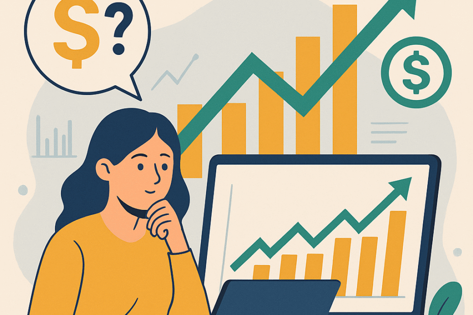 Ilustração sobre quanto investir por dia no tráfego pago, com uma mulher analisando gráficos de crescimento financeiro, moedas e computador com dados de anúncios.