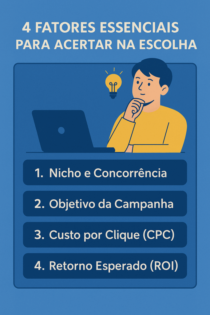Infográfico ilustrando os 4 fatores essenciais para definir quanto investir por dia no tráfego pago: nicho, objetivo, CPC e retorno esperado.