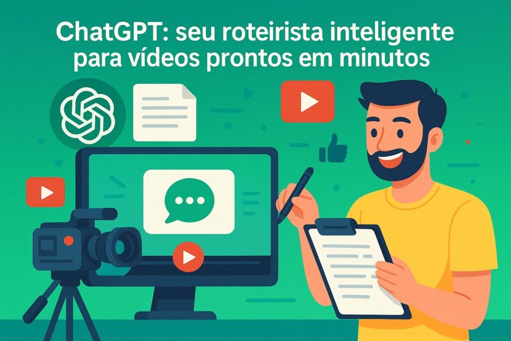 Imagem ilustrativa com a frase ChatGPT: seu roteirista inteligente para vídeos prontos em minutos, destacando o uso do ChatGPT na criação de roteiros para vídeos no YouTube com inteligência artificial.