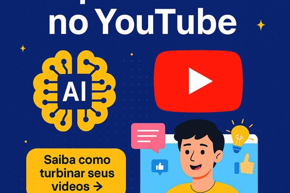 Imagem ilustrativa sobre IA para Vídeo no YouTube, destacando um cérebro artificial com o símbolo "AI", o logo do YouTube e um criador sorridente gravando vídeos com auxílio de inteligência artificial.