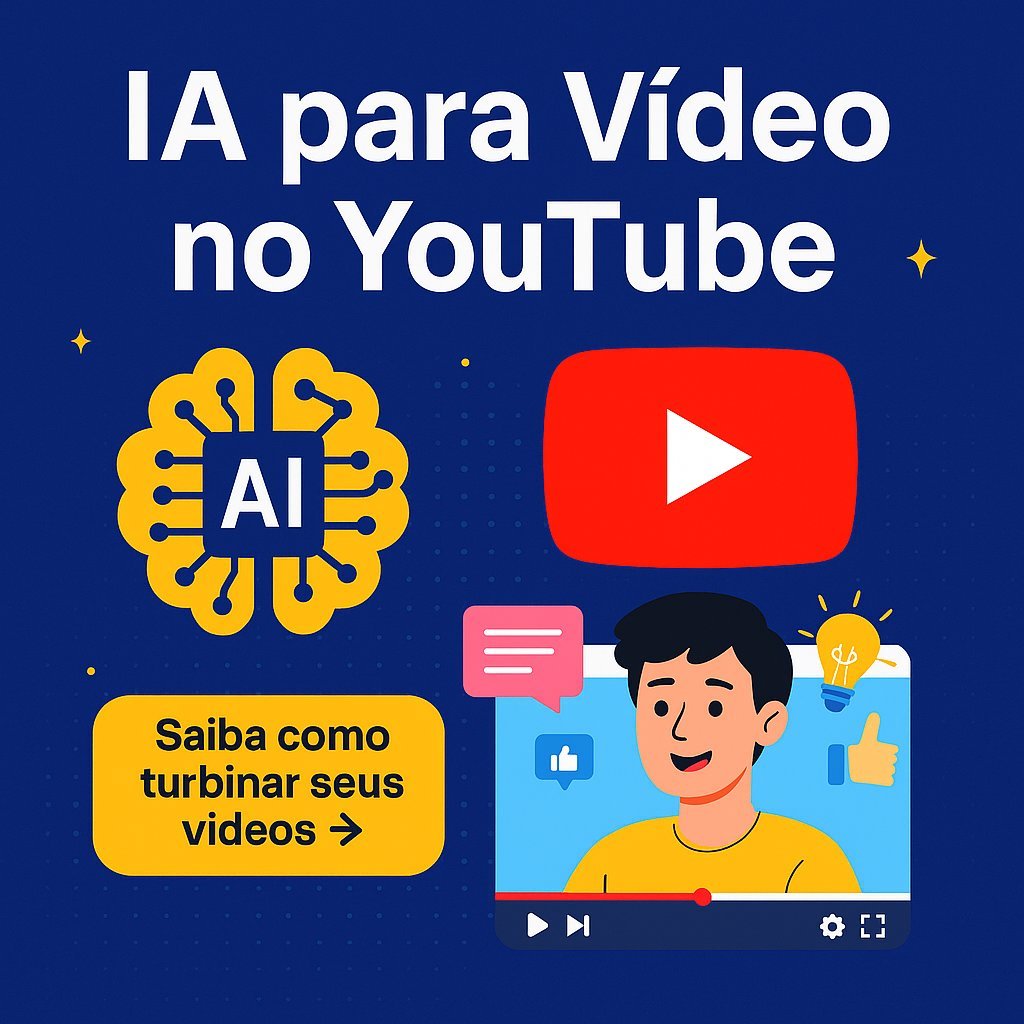 Imagem ilustrativa sobre IA para Vídeo no YouTube, destacando um cérebro artificial com o símbolo "AI", o logo do YouTube e um criador sorridente gravando vídeos com auxílio de inteligência artificial.