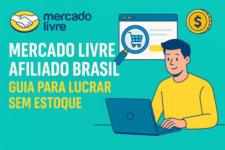 Ilustração sobre como começar no Mercado Livre Afiliado Brasil e lucrar sem estoque, com jovem usando notebook e símbolo de compras online.