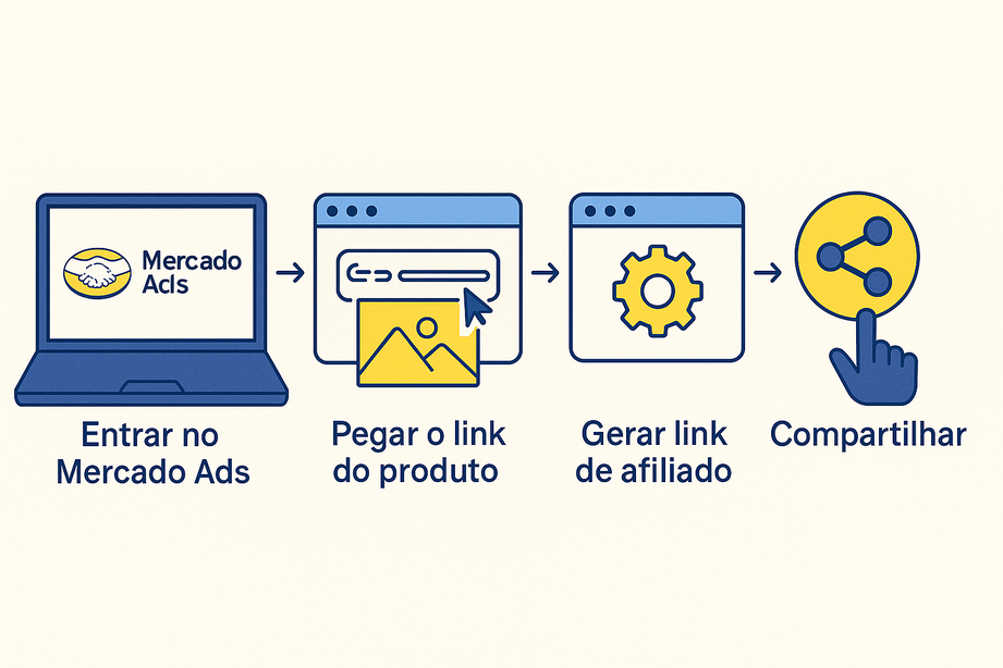 Passo a passo ilustrado de como começar no Mercado Livre Afiliado Brasil, desde o acesso ao Mercado Ads até o compartilhamento do link de afiliado.