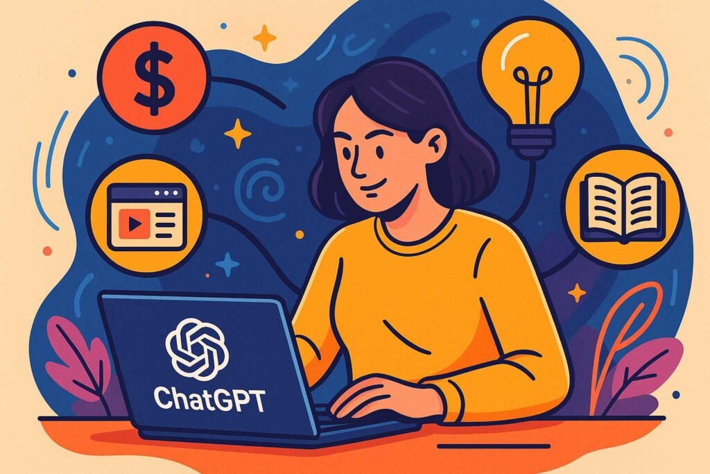 O que fazer com o ChatGPT? Ilustração vibrante de uma mulher usando laptop, cercada por ícones de dinheiro, ideias, vídeos e livros, representando aplicações práticas para gerar renda em 2025.
