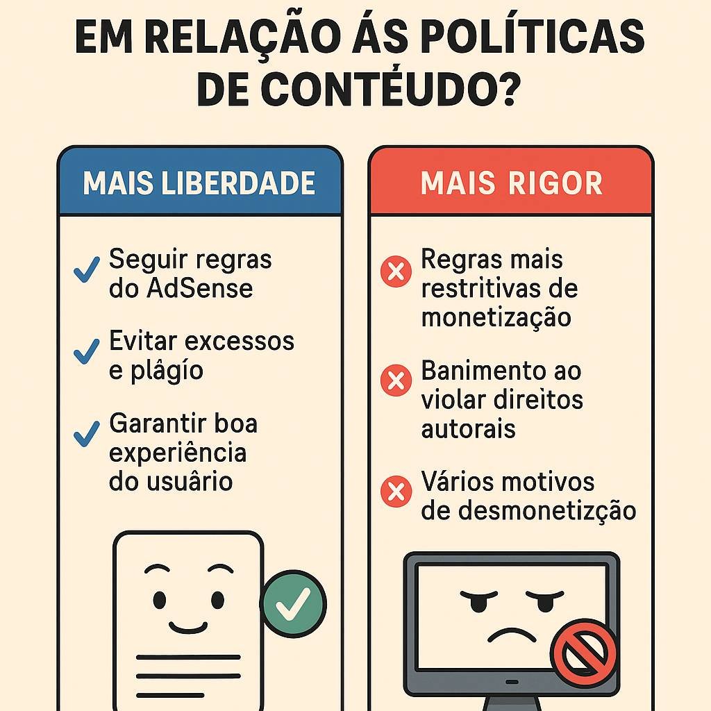 Infográfico ilustrando a comparação entre plataformas quanto à rigidez das políticas de conteúdo, destacando regras de monetização e penalizações por violação de direitos autorais.