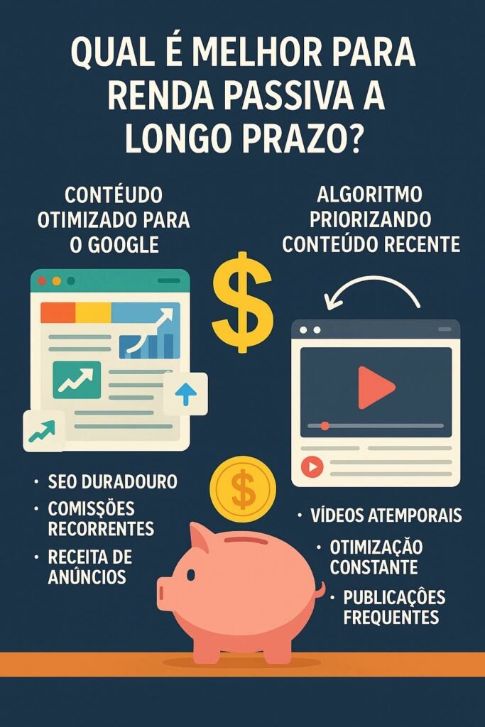 Comparação visual entre estratégias de conteúdo para garantir renda passiva no longo prazo, destacando SEO duradouro, comissões recorrentes e necessidade de otimização frequente.