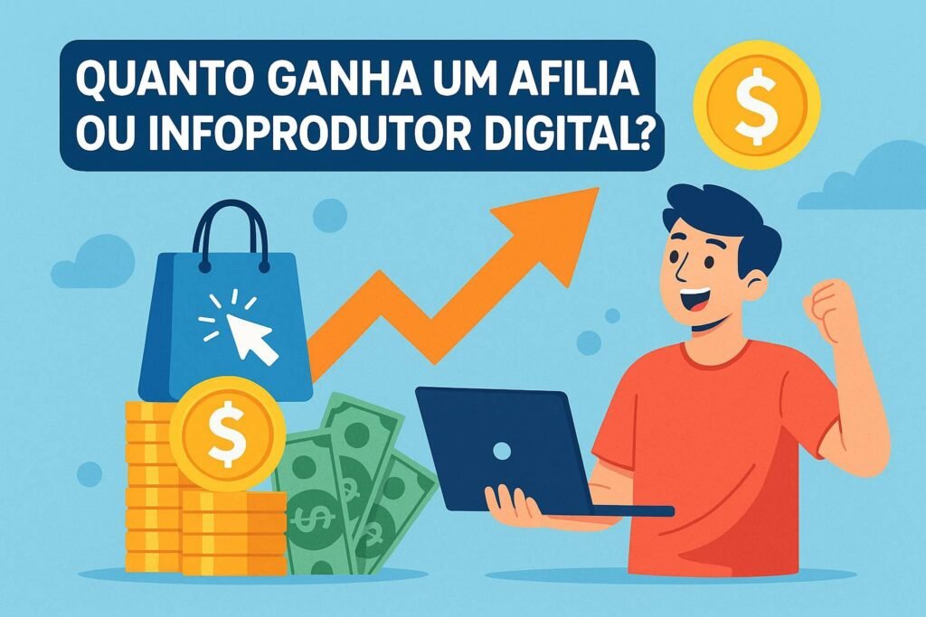 Ilustração mostrando ganhos financeiros no mercado digital, com destaque para moedas, cédulas de dinheiro, seta de crescimento e um profissional feliz utilizando o notebook.