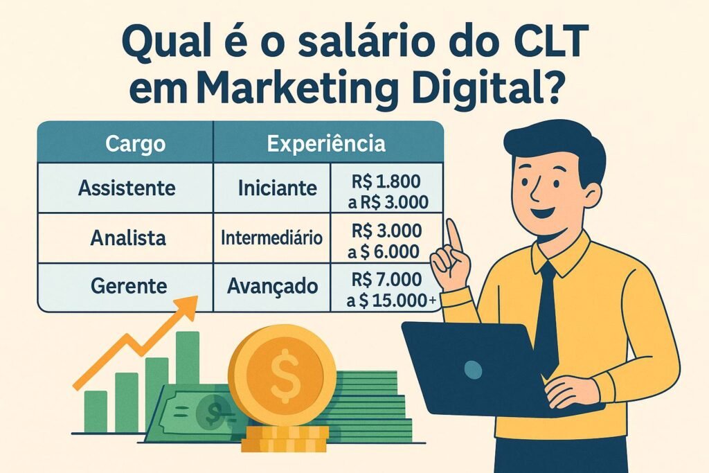 Tabela ilustrativa mostrando o salário no marketing digital para cargos CLT, incluindo assistente, analista e gerente, com faixa salarial e crescimento financeiro representado por gráficos e dinheiro.
