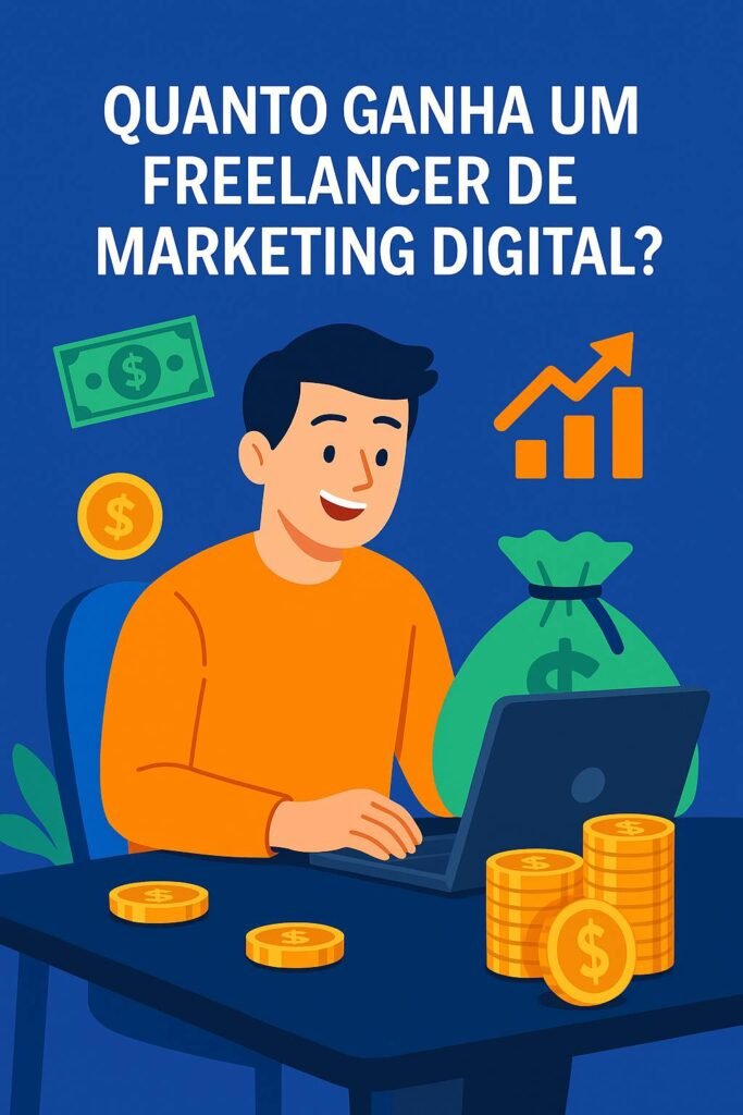 Ilustração representando salário no marketing digital para freelancers, com destaque para ganhos financeiros, moedas, notas de dinheiro e um profissional feliz trabalhando em seu notebook. 