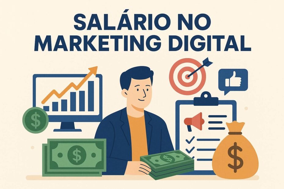 Ilustração sobre Salário no Marketing Digital, mostrando ganhos financeiros, gráficos de crescimento, dinheiro em destaque e um profissional feliz com resultados online.
