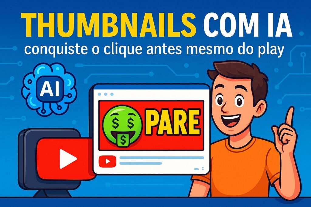 Imagem ilustrativa sobre IA para vídeo no YouTube, mostrando a criação de thumbnails com inteligência artificial, com destaque para capas chamativas que aumentam os cliques antes mesmo do play.