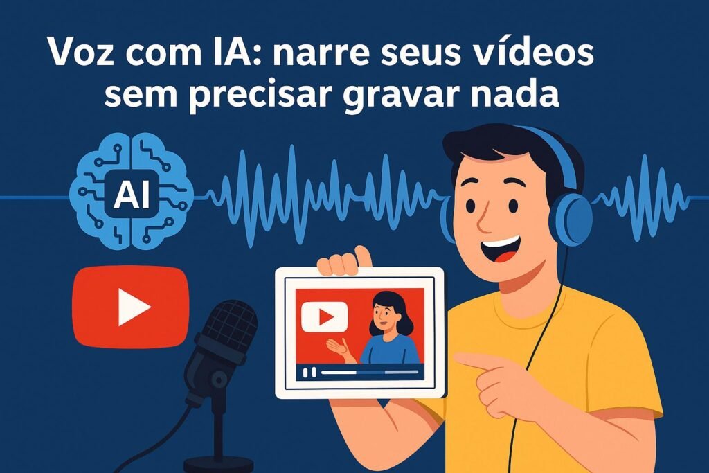 Imagem ilustrativa mostrando uma pessoa usando tecnologia de voz com inteligência artificial para narrar vídeos, com elementos visuais como microfone, tablet e símbolos do YouTube.
