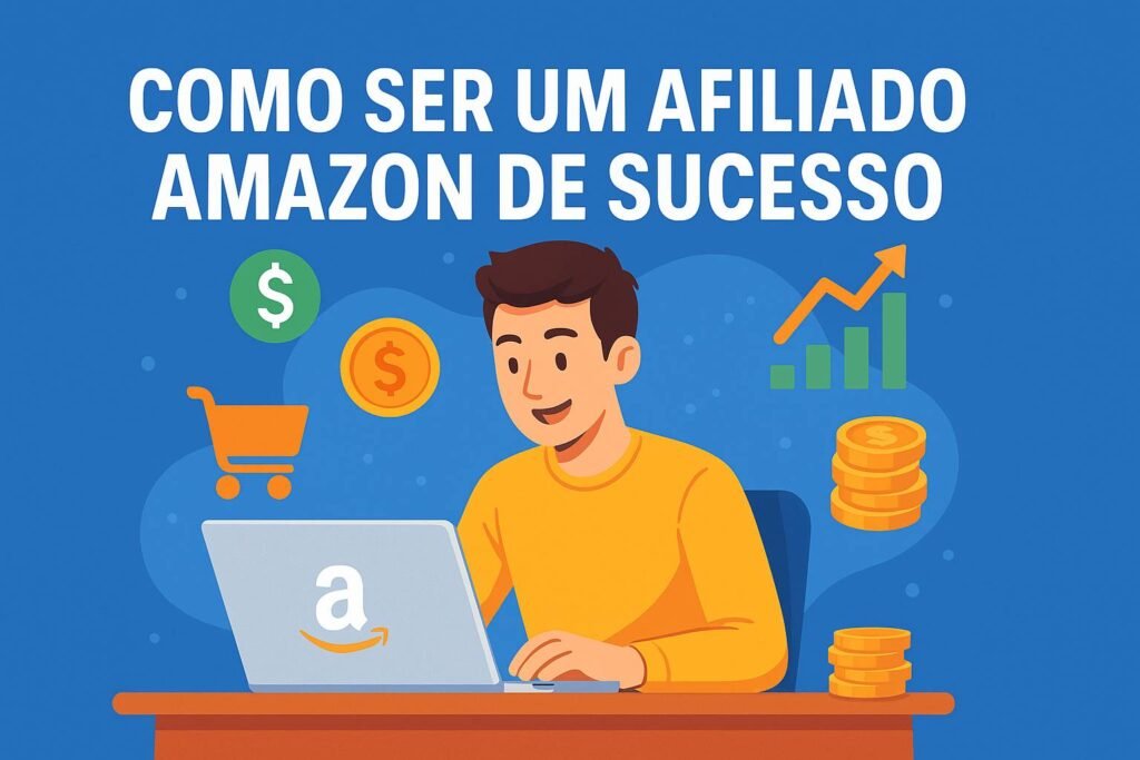 Imagem ilustrativa de um profissional em frente ao notebook com símbolos de vendas e dinheiro, representando o tema "Afiliado Amazon de Sucesso