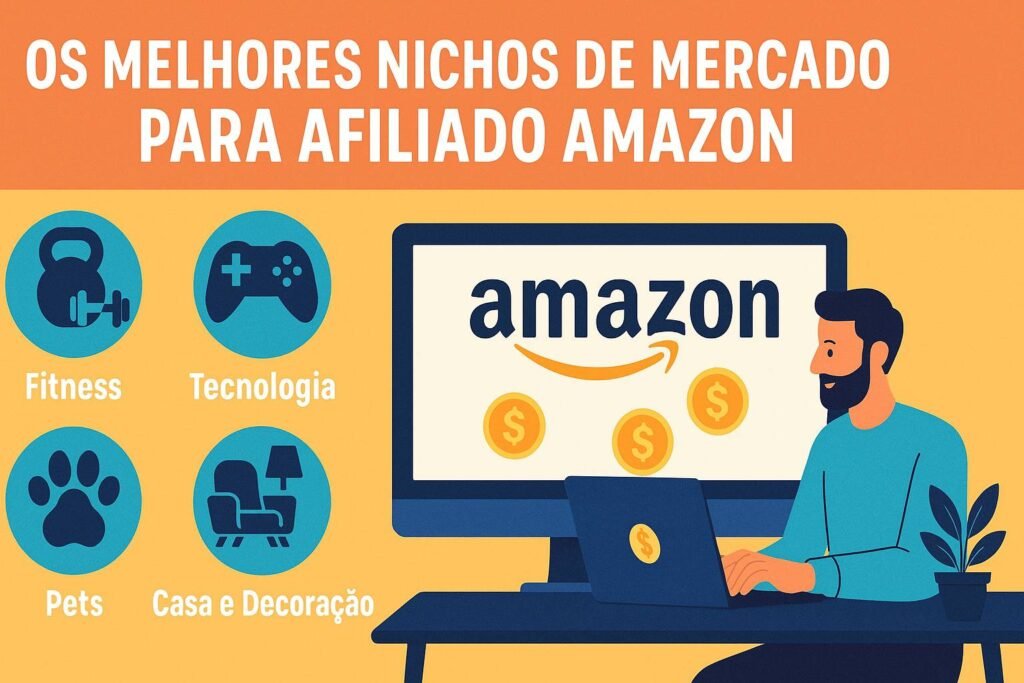 Infográfico ilustrativo mostrando os melhores nichos para atuar como Afiliado Amazon de Sucesso, incluindo tecnologia, casa, pets e fitness.