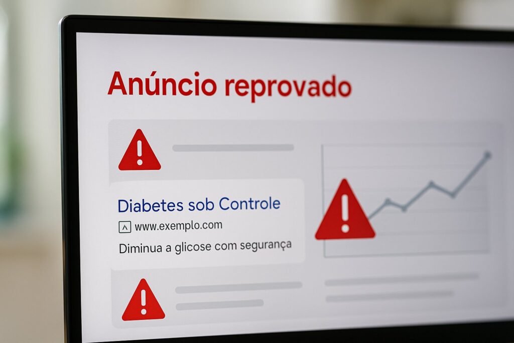 Tela de computador exibindo mensagem de anúncio reprovado com ícones de alerta em vermelho e gráfico de desempenho em queda.