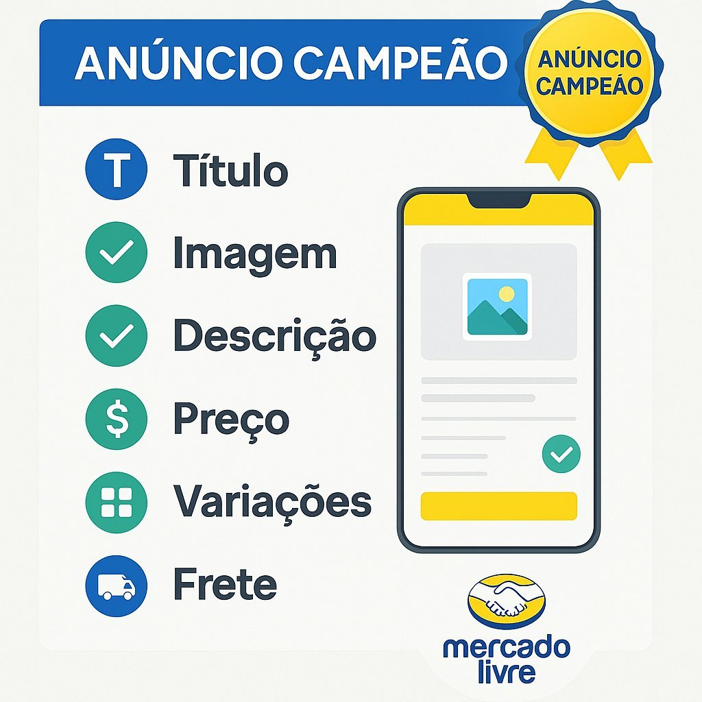 Checklist visual de um anúncio campeão com ícones representando título, imagem, descrição, preço, variações e frete.
