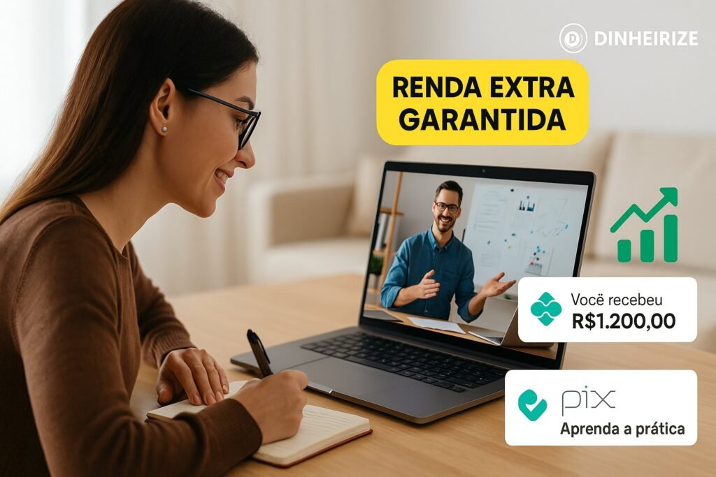 Mulher assistindo aula online em notebook, anotando em caderno, com notificações de Pix e gráfico de vendas em alta na tela.