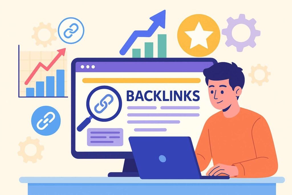 Pessoa trabalhando em um computador com gráficos de crescimento e elementos de conexão, representando estratégias de marketing digital baseadas em links externos.